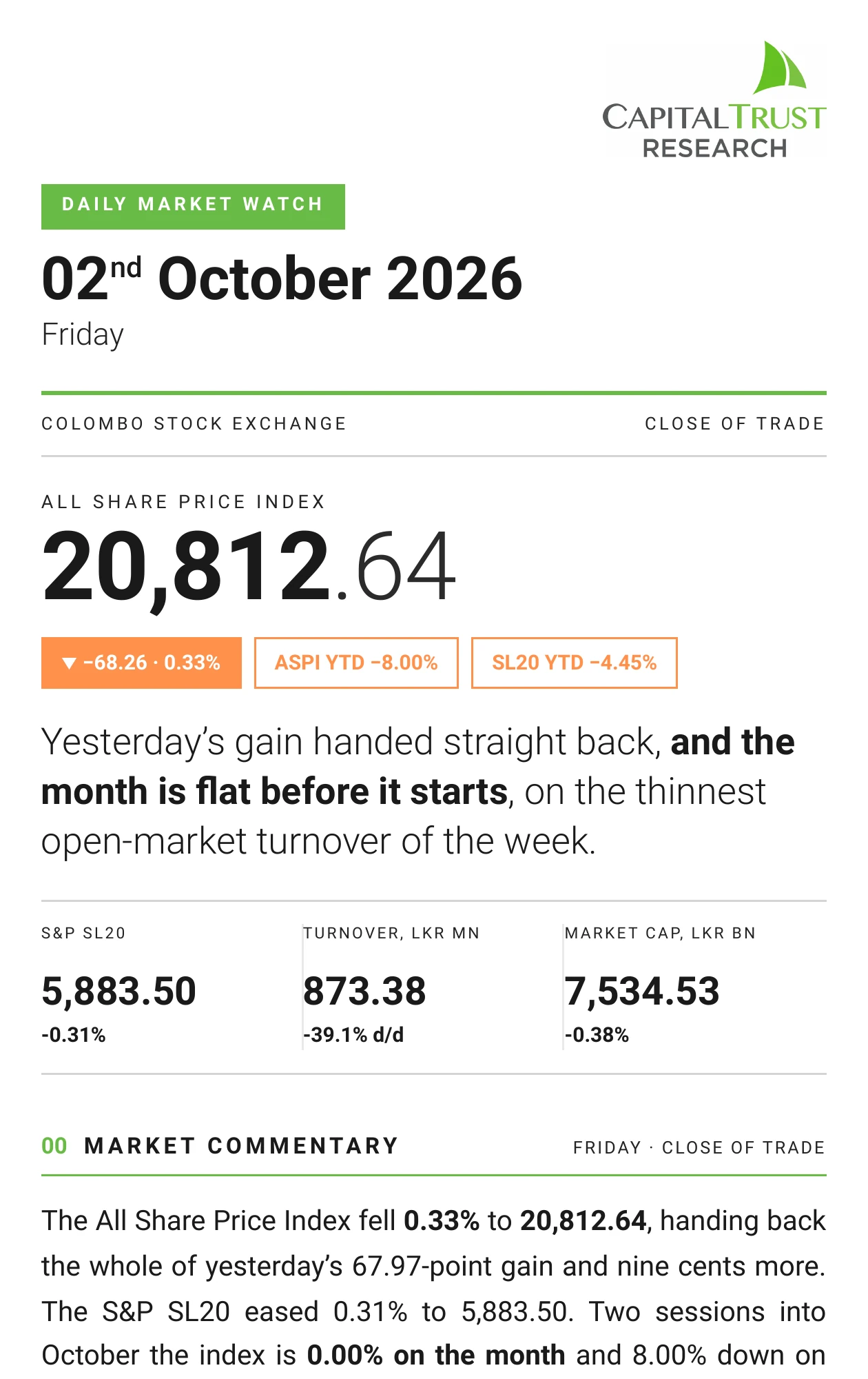 Daily Market Watch, Friday, 2 October 2026